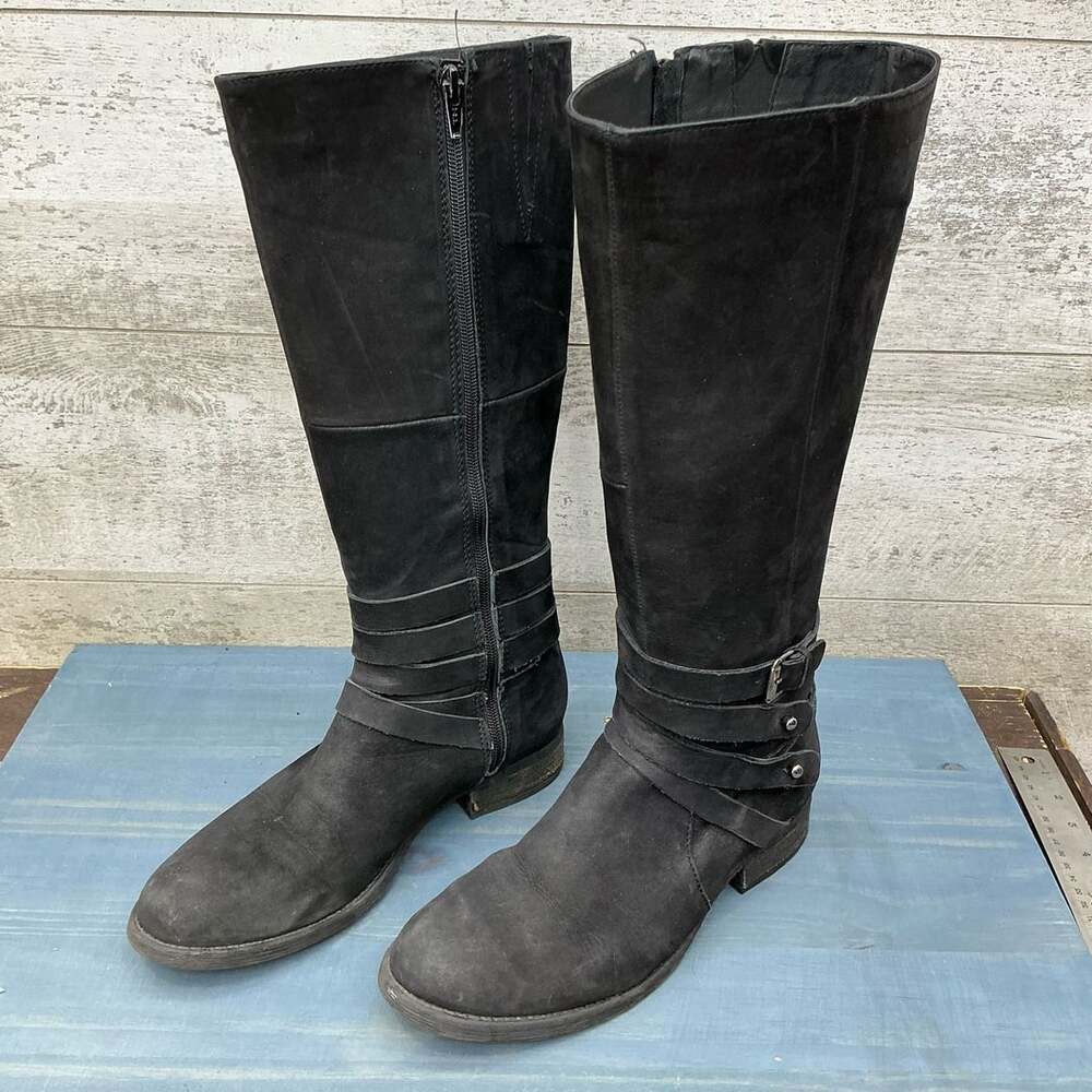 Steve Madden Albany Black Suede Knee High Riding Boots with Buckle Straps